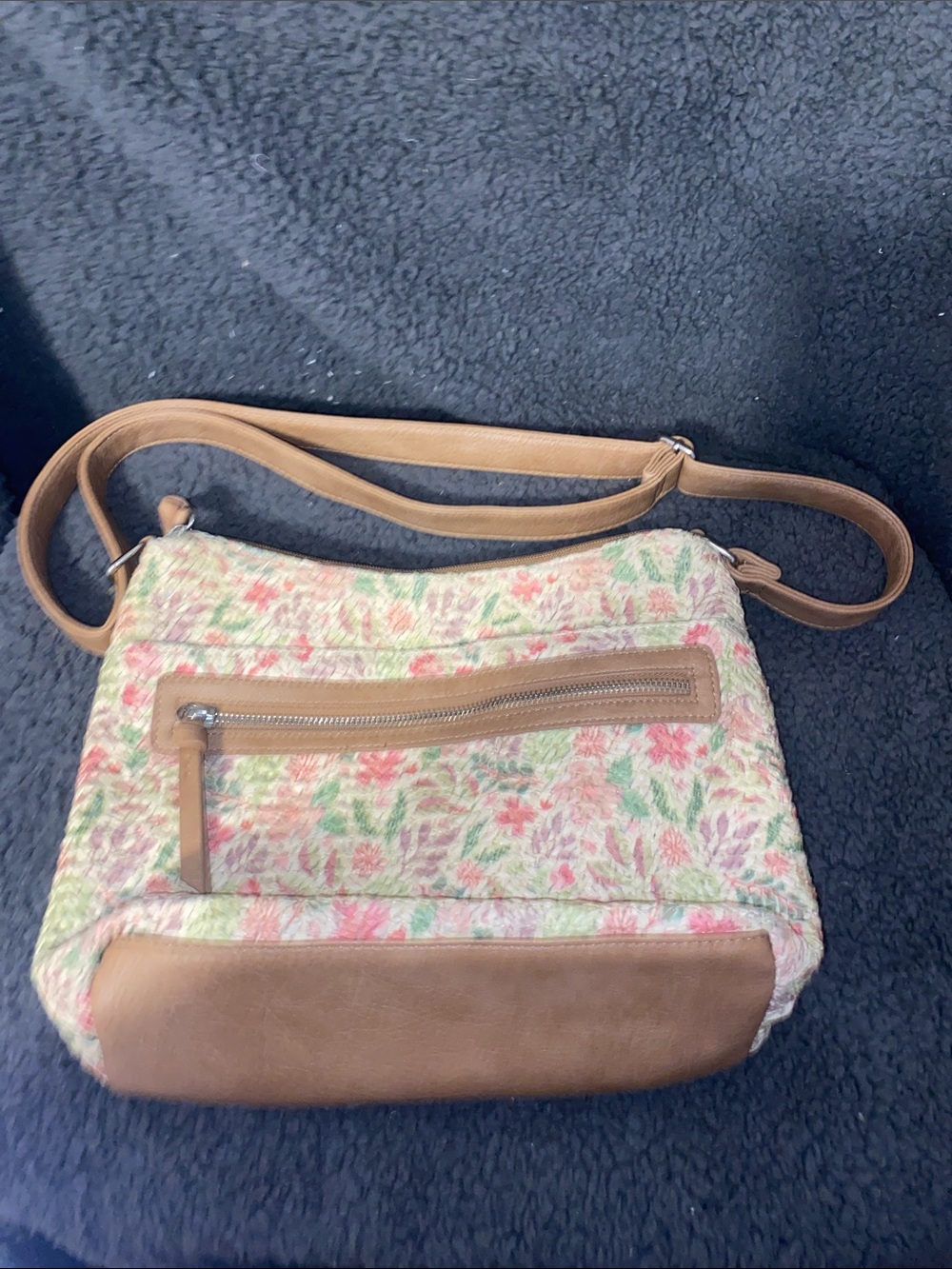 Bueno Floral Straw Tapestry Crossbody Bag with Tan Accents